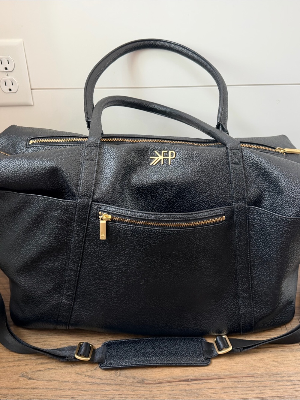 Freshly Picked Black Pebbled Leather Travel Tote with Gold Hardware